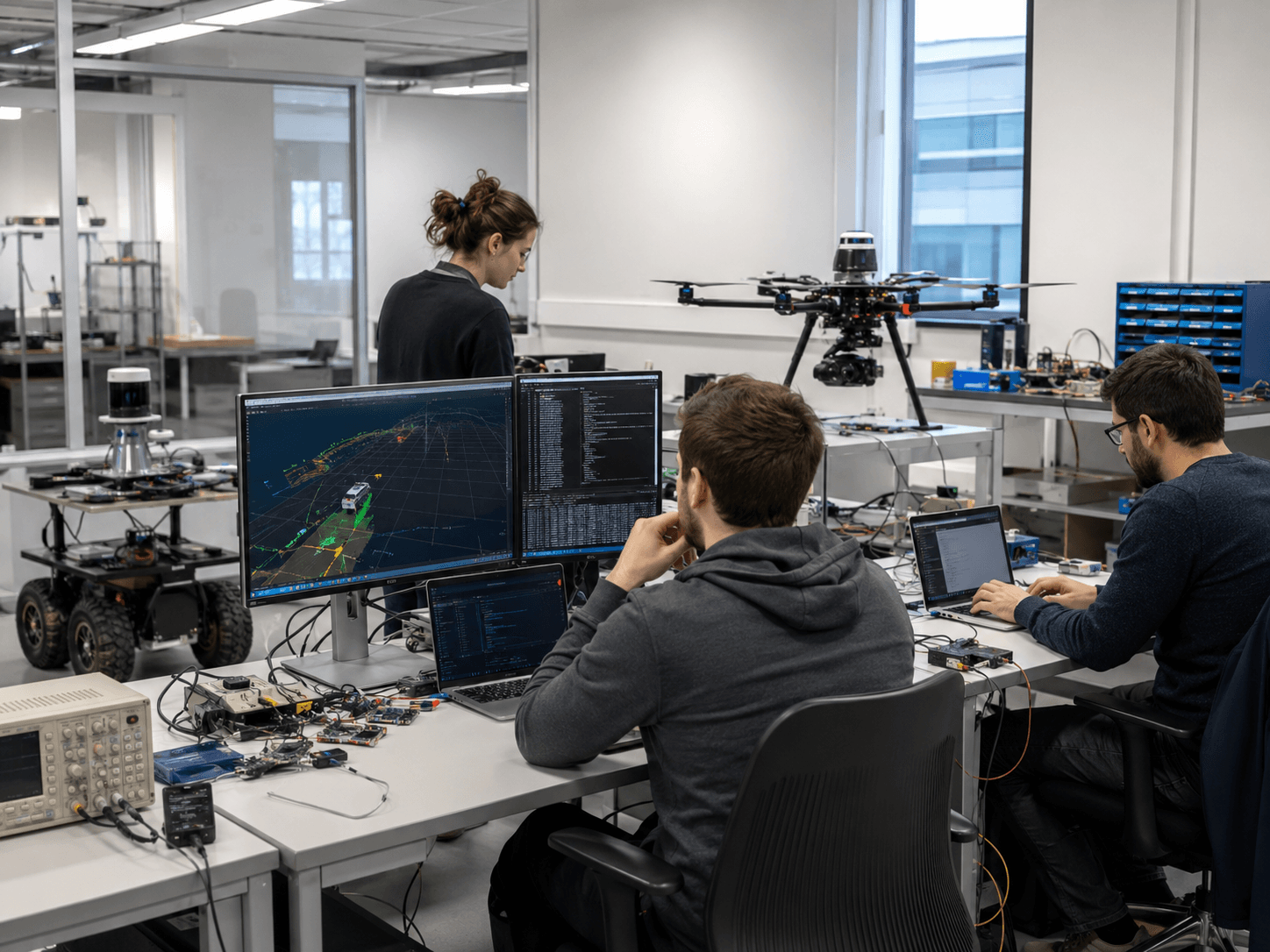 Engineers working on autonomy software, with perception data on screen, a sensor-equipped drone and a ground rover in the lab