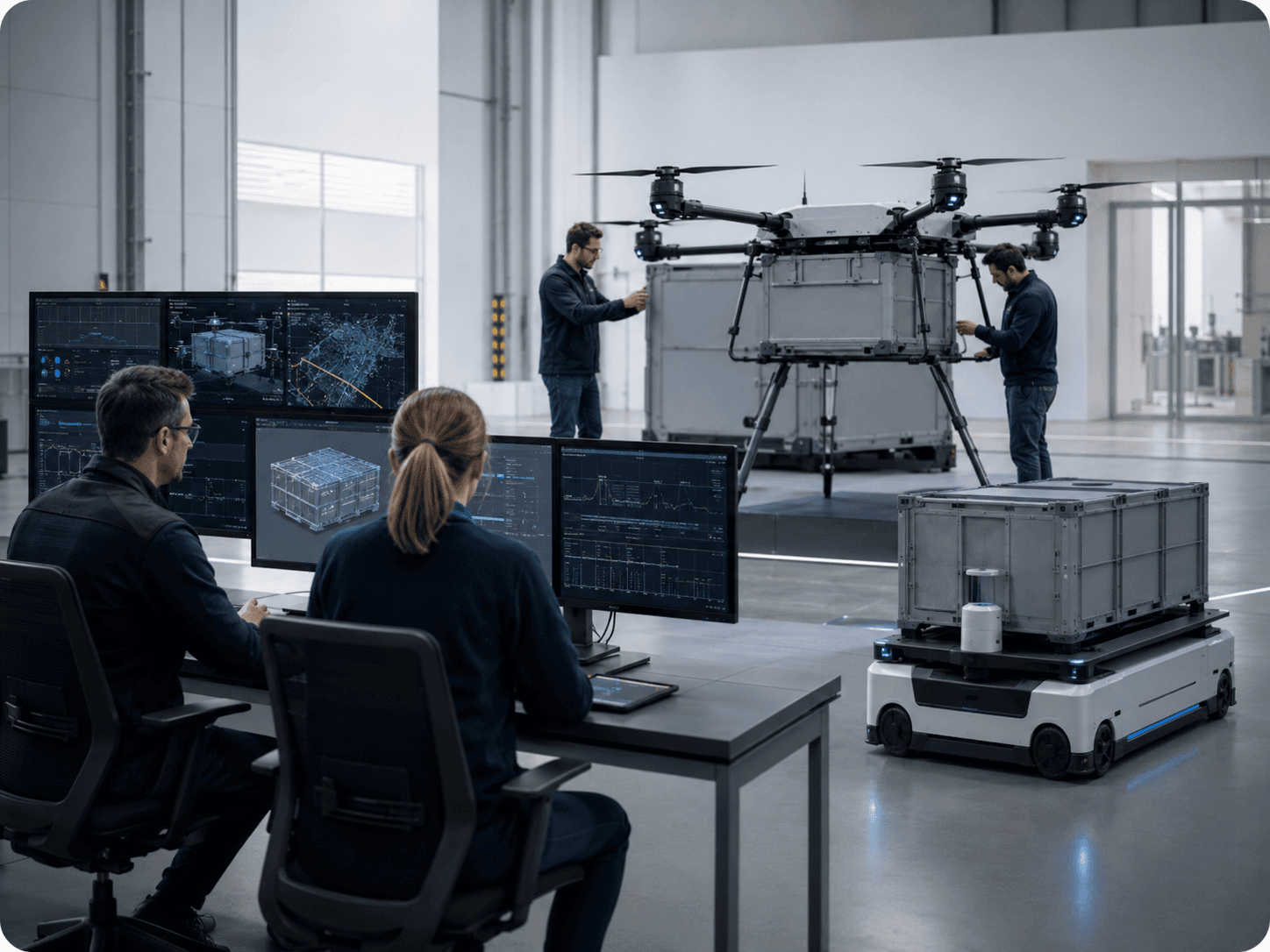 Validation session with engineers at a monitoring wall, a cargo drone on a test stand and an autonomous ground platform carrying a container