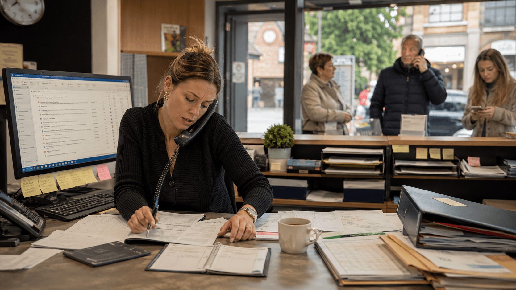 Druk onthaal met telefoon, administratie en wachtende klanten