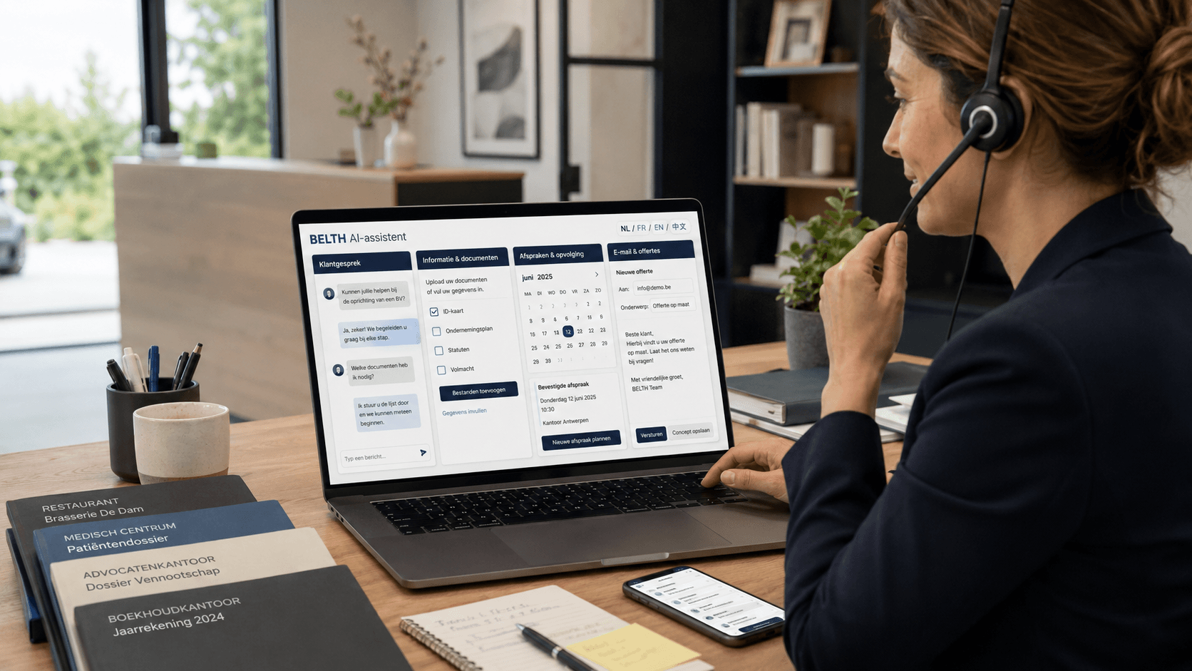 BELTH AI-assistent op laptop met meertalige functies voor klantgesprek, documenten, afspraken en e-mails