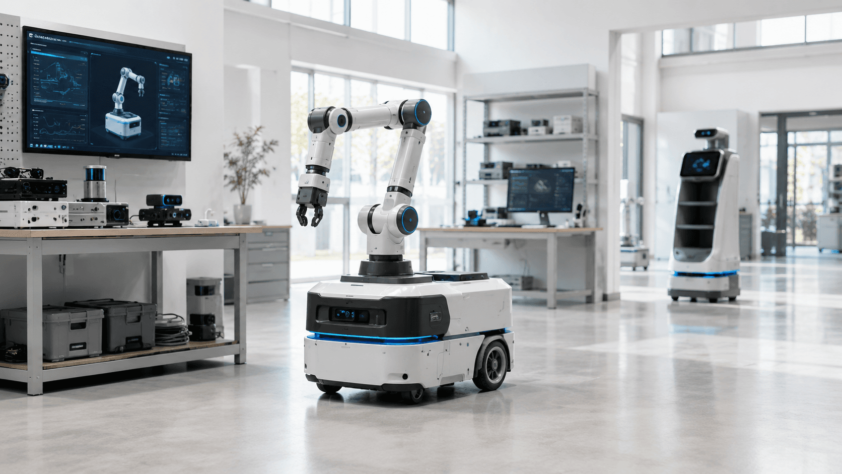 Mobile manipulator on a wheeled platform in a robotics laboratory, with sensor hardware and a monitoring screen