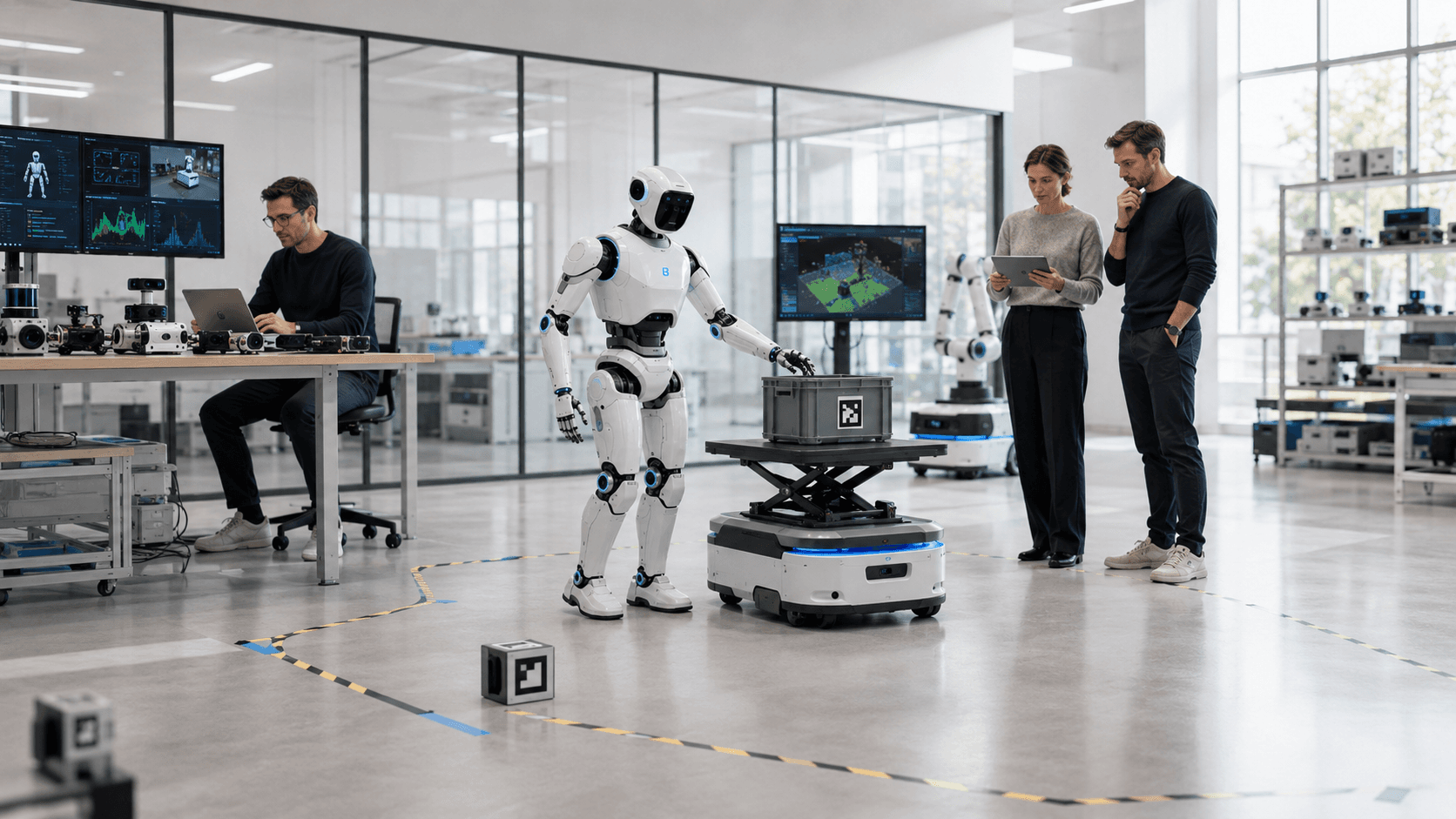 Humanoid robot and mobile platform during a controlled test run in a marked test area, monitored by engineers