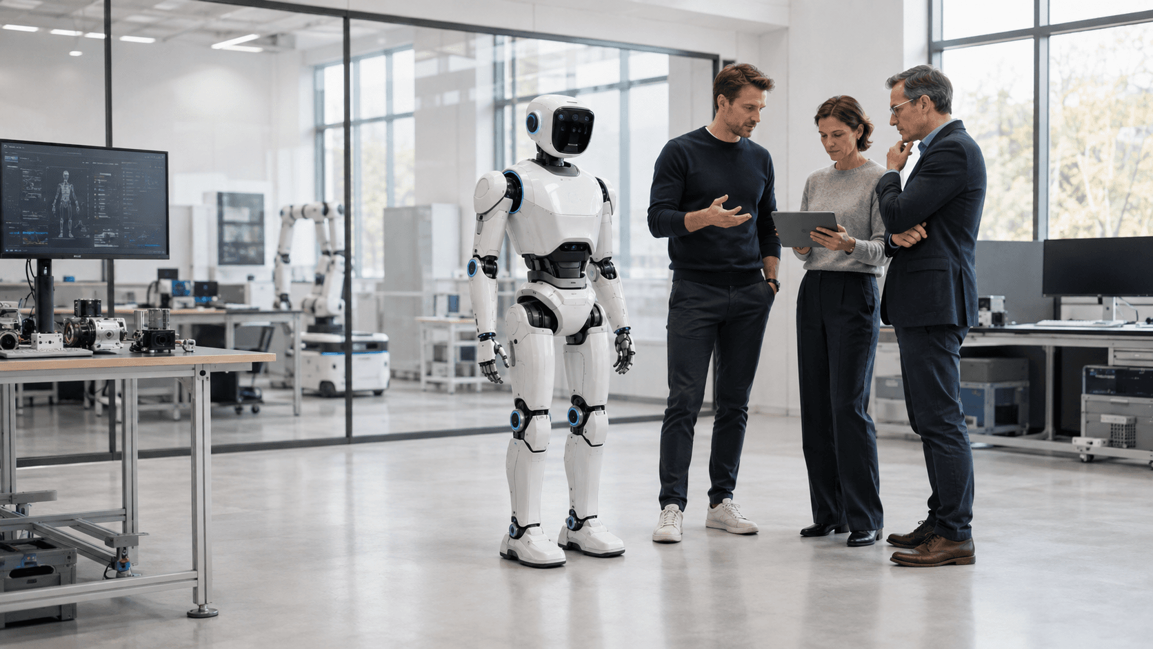 Engineers reviewing platform software on a tablet beside a humanoid robot in a BELTH development lab