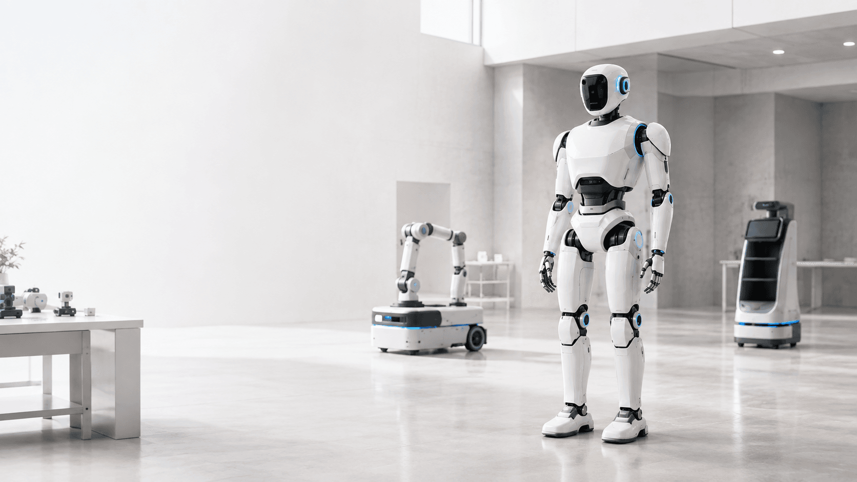 Humanoid robot in a light robotics development hall, with a mobile manipulator and a service platform behind it
