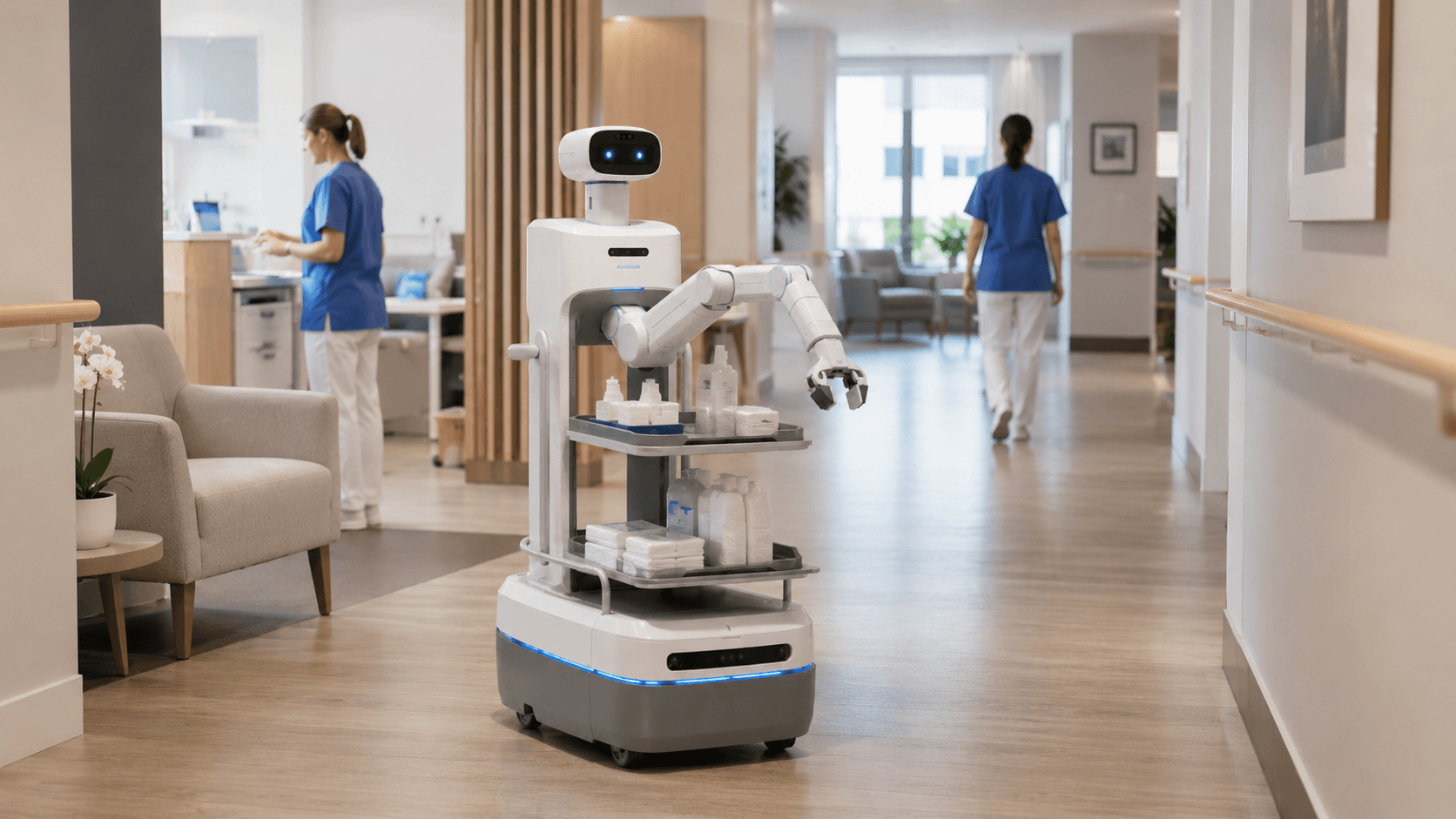 Concept visual of a service robot carrying supplies in a care facility corridor