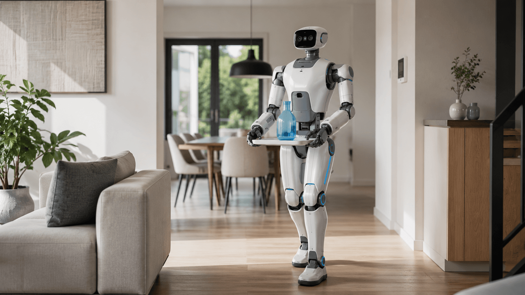 Concept visual of a humanoid carrying a tray through a living room