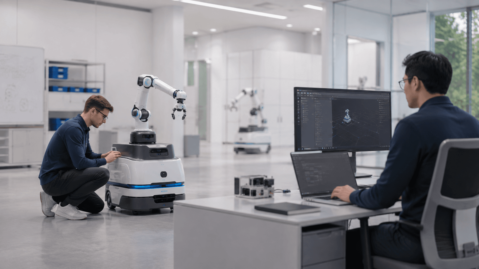 Engineers working on a mobile manipulator beside a simulation workstation