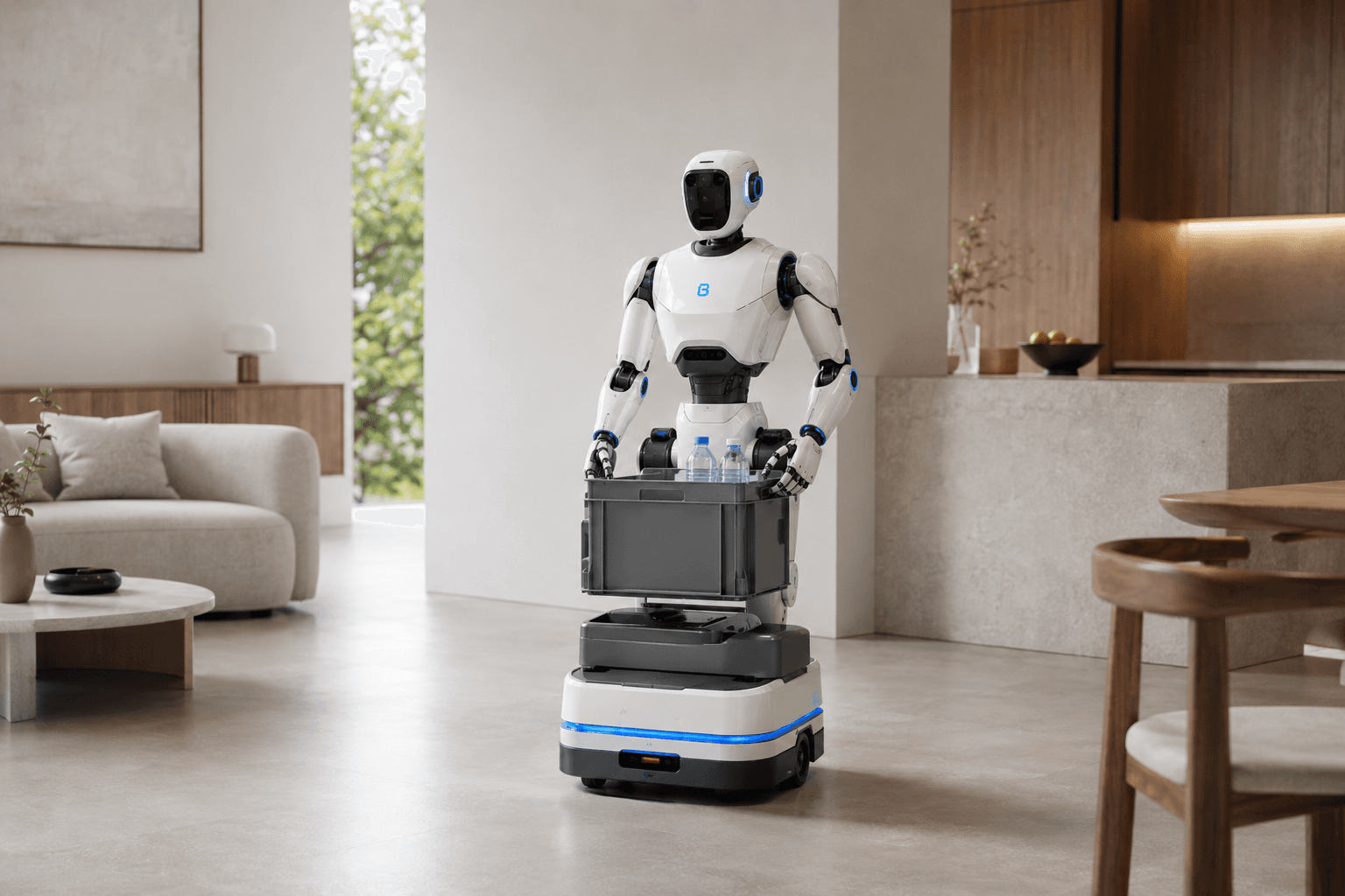 Concept visual of a wheeled humanoid platform transporting a crate indoors