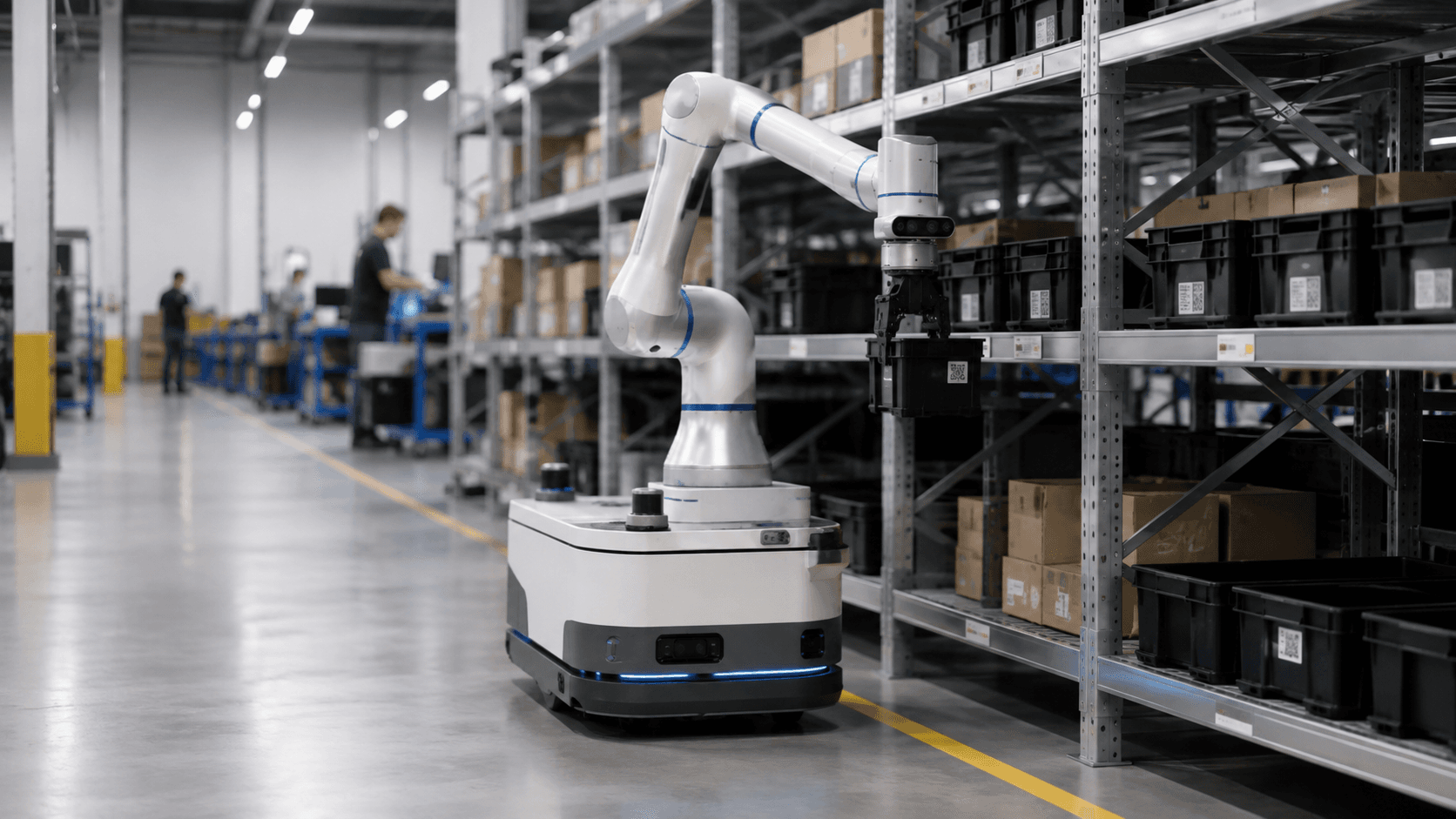 Concept visual of a mobile manipulator picking from racking in a warehouse aisle