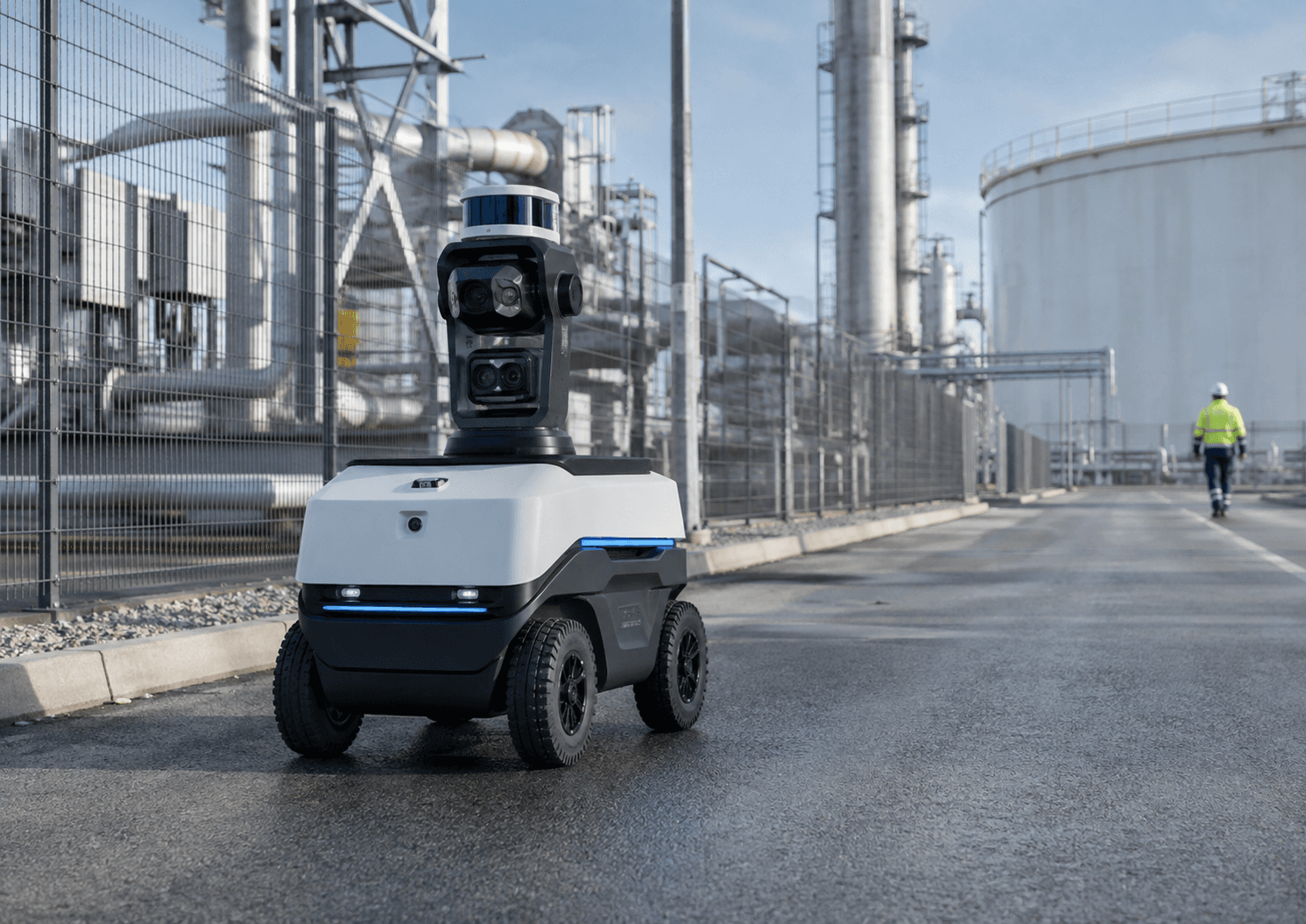 Autonomous inspection platform on an access road inside an industrial plant, with process towers, storage tanks and a technician in the background