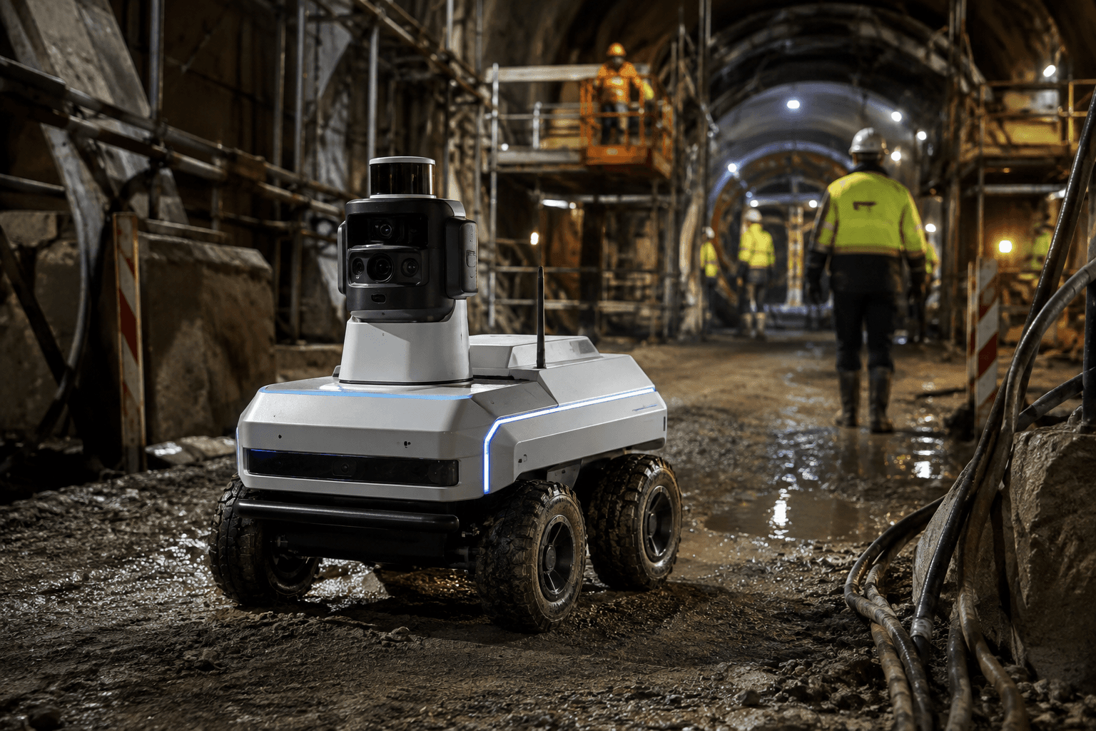 Rugged inspection platform on the muddy floor of a tunnel under construction, with work crews further down the bore
